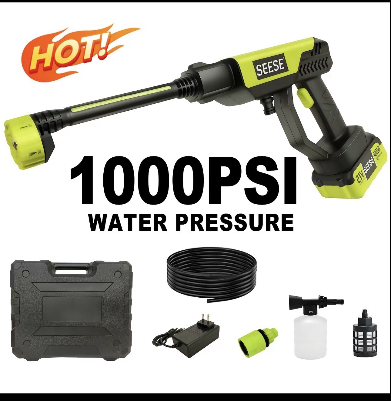 SEESE 21V Cordless Portable Pressure Washer 1000 PSI Water Gun Kit Battery
