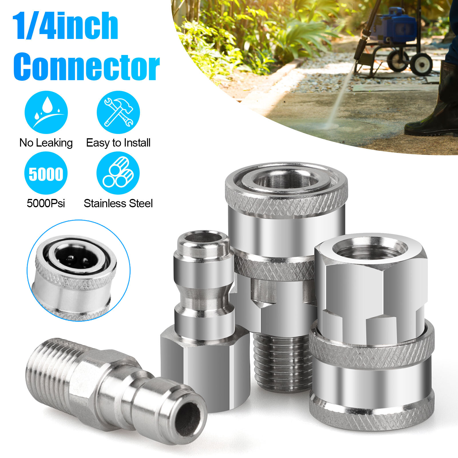 4Pcs 1/4” NPT Stainless Steel Quick Connect Fitting Pressure Washer Adapter Set