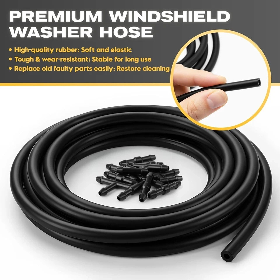 Windshield Washer Hose Kit, 4M Flexible Durable Rubber Washer Fluid Tubing & 30