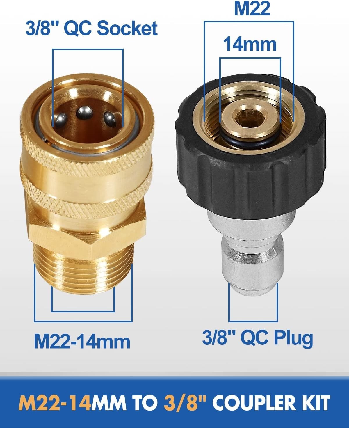 TOOLCY Adapters M22-14mm Female to 3/8” Plug M22-14mm Male to 3/8” Socket