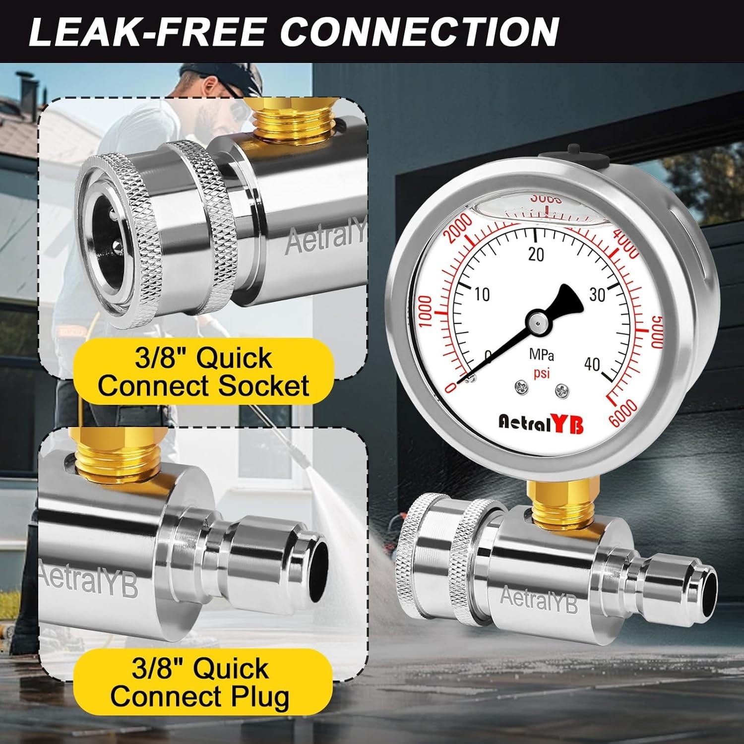 Pressure Washer Gauge, Pressure Gauge Kit, 3/8 Inch Quick Connect