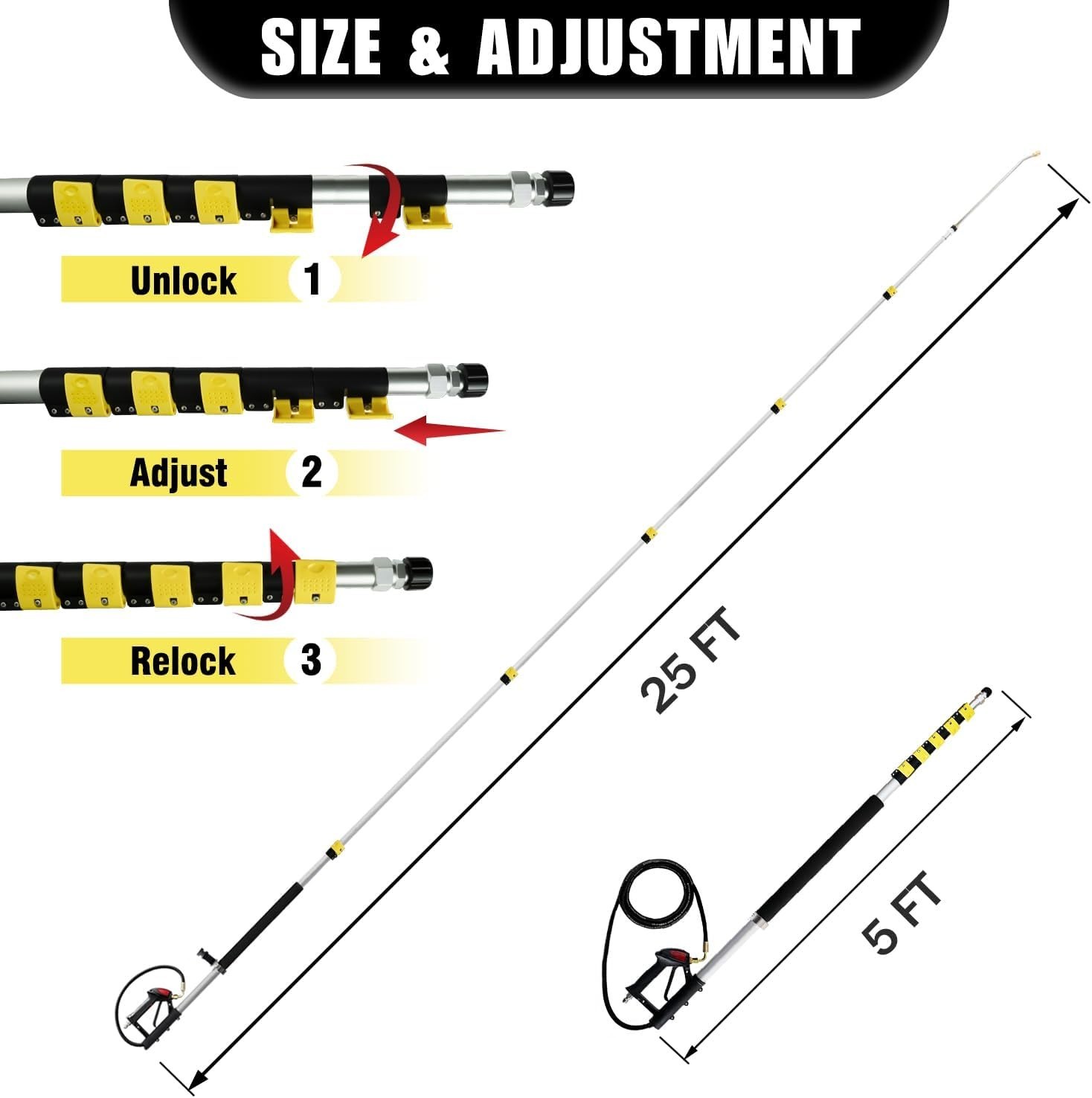 25 FT Telescoping Pressure Washer Wand with 7 Spray Nozzle Tips and Brush Head