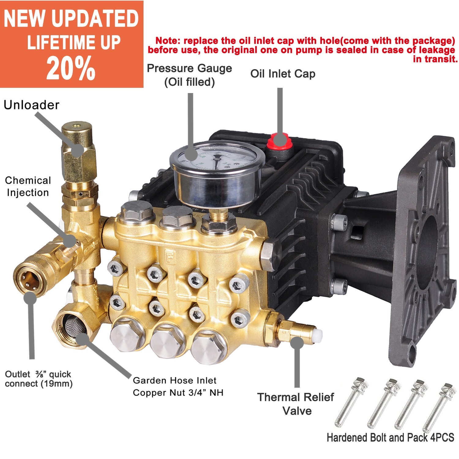 Pressure Washer Pump 3600PSI 4.7GPM 1″ Horizontal Shaft For RSV4G40HDF40EZ