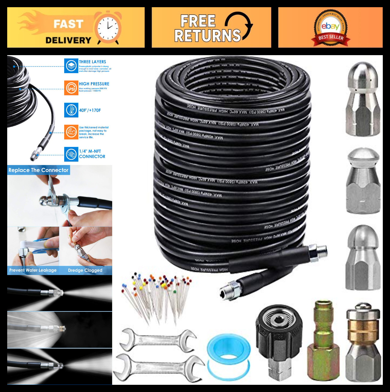 150FT Sewer Jetter Kit for Pressure Washer – 5800PSI Drain Cleaner Hose & Nozzle