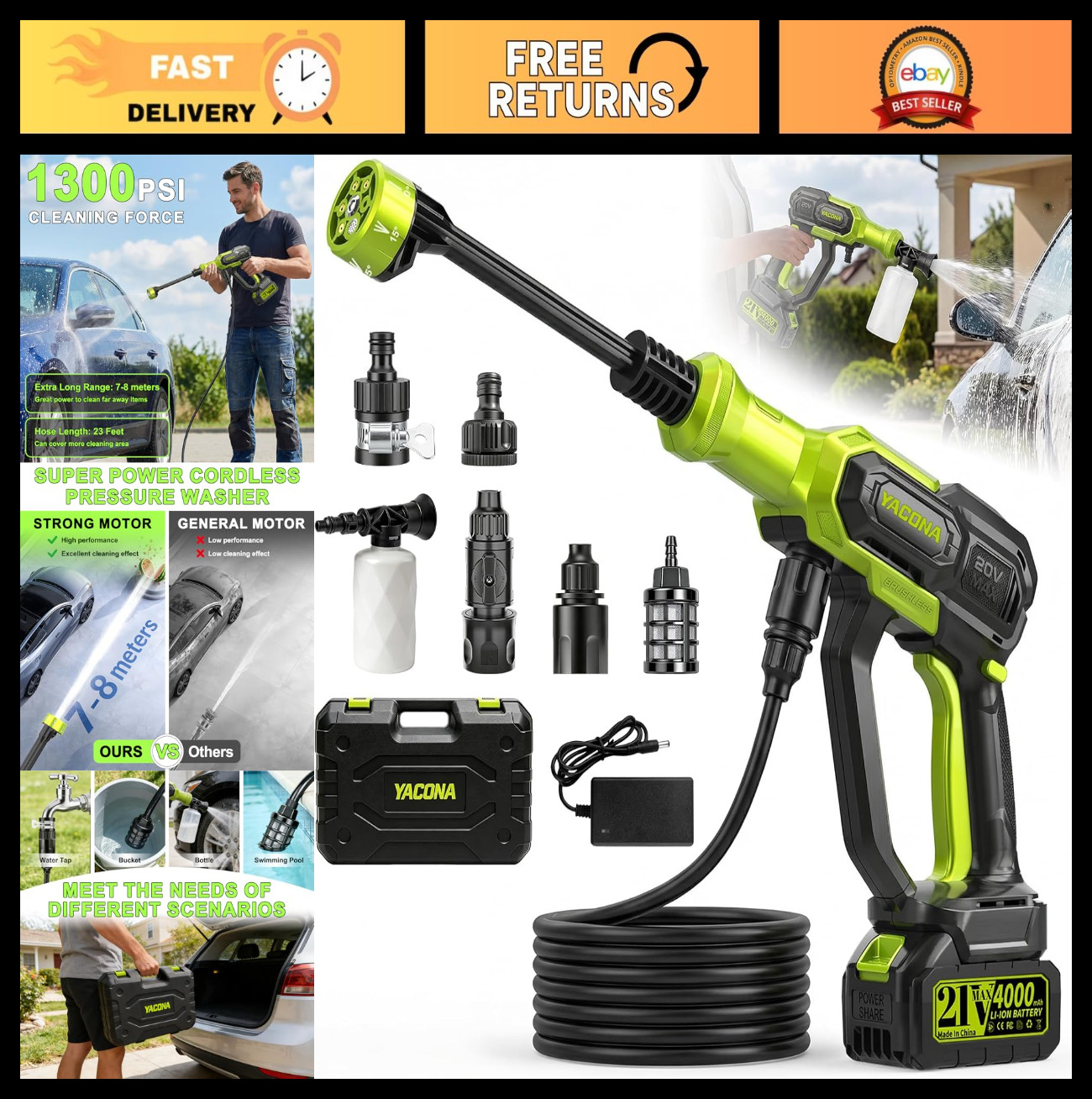 Portable Cordless Handheld Washer – 3 Modes, 23FT Hose & 6-in-1 Nozzle for Car,