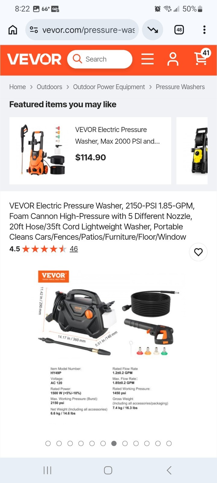 VEVOR Cold Water Corded Electric Pressure Washer 2150 PSI HY49P Kit