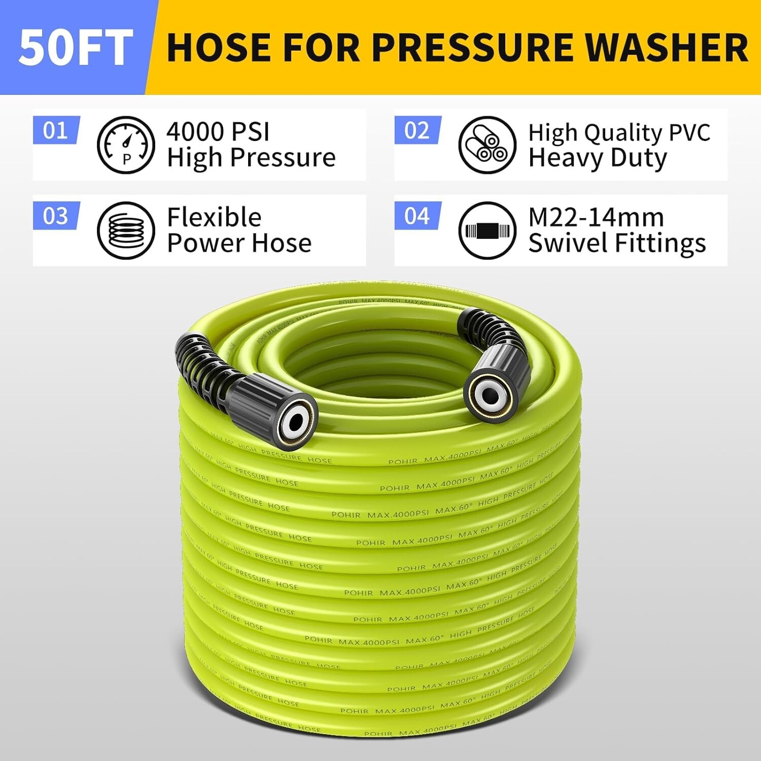 POHIR 3600 PSI Pressure Washer Gun W/Foam Cannon 50FT Power Washer Hose 15″ Wand