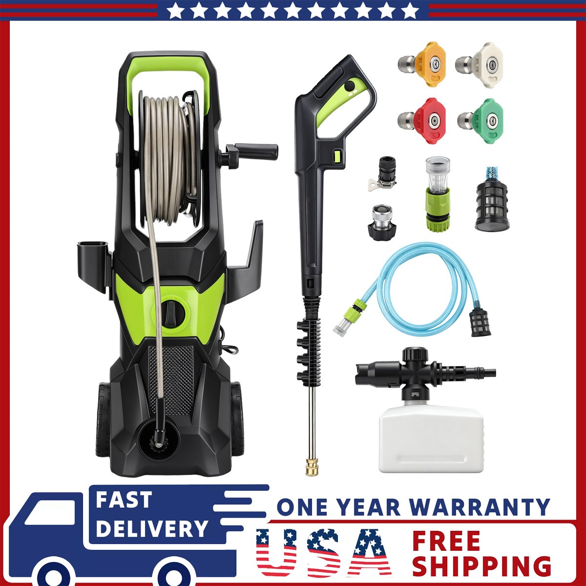 52 FT Electric Pressure Washer 5000PSI 3.2GPM Pressure Cleaner with 4 Nozzles