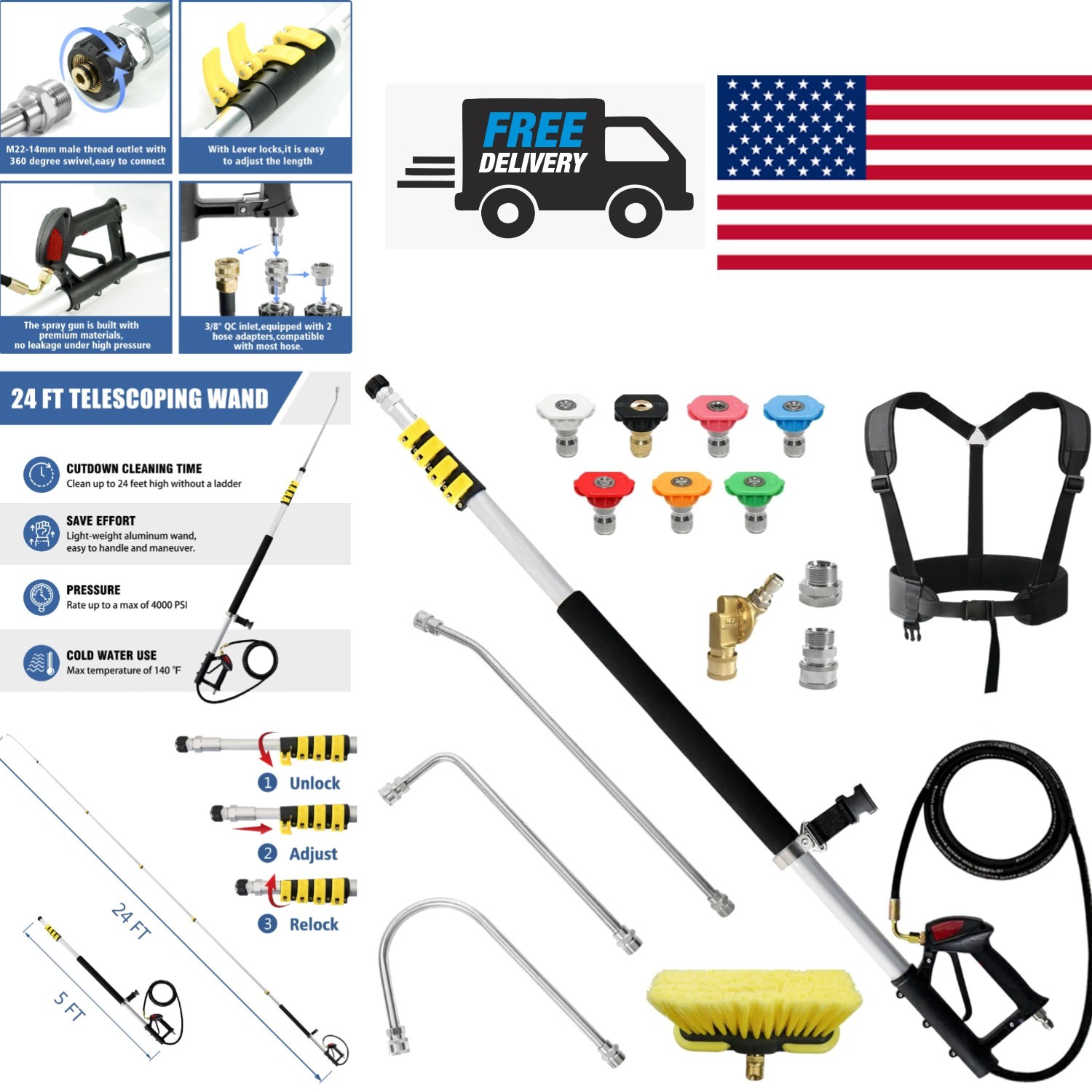 Telescoping Pressure Washer Wand 24 Feet with 3 Extension Wands and Brush Head