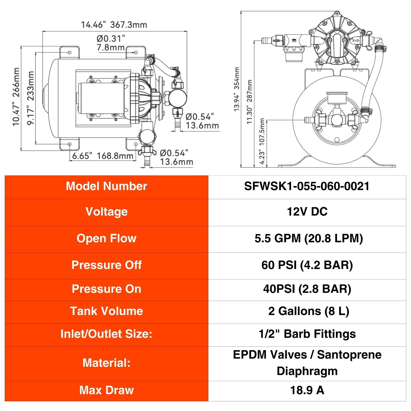 SEAFLO Marine Water Pump 12 V DC 60 PSI 5.5 GPM 2 Gallon Accumulator Tank Sys…