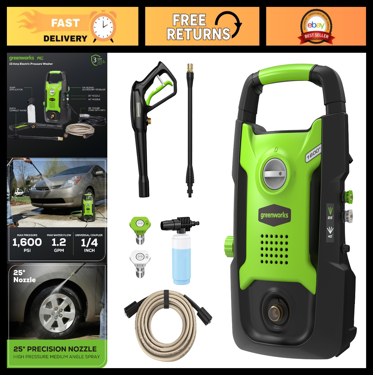 Compact Electric Pressure Washer 1.2 GPM, Lightweight, 20FT Hose, 35FT Cord – Id