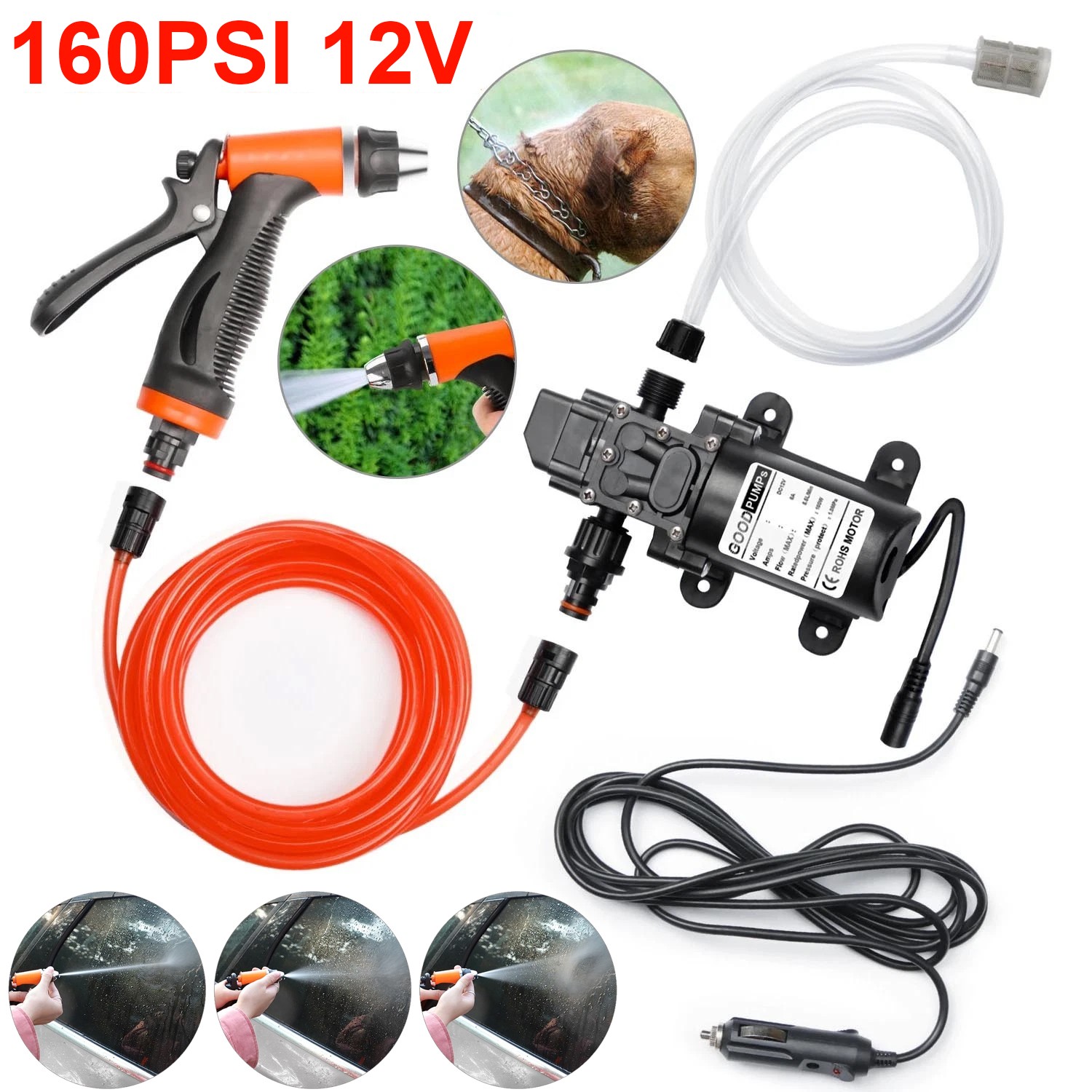 160PSI Washdown Wash Pump Kit Electric DIY Car Washer Cleaner Sprayer 12V Tool