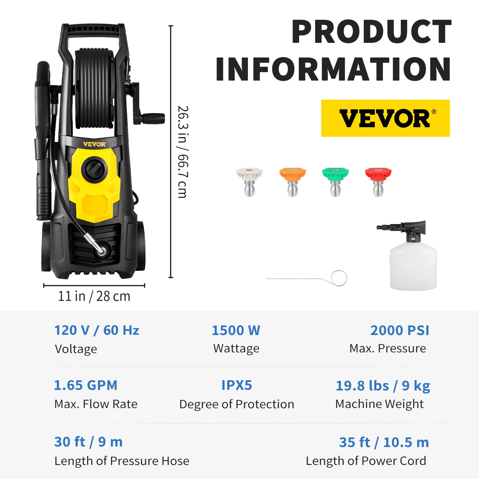 VEVOR Electric Pressure Washer High Pressure Washer 2000PSI 1.65GPM w/ Hose Reel