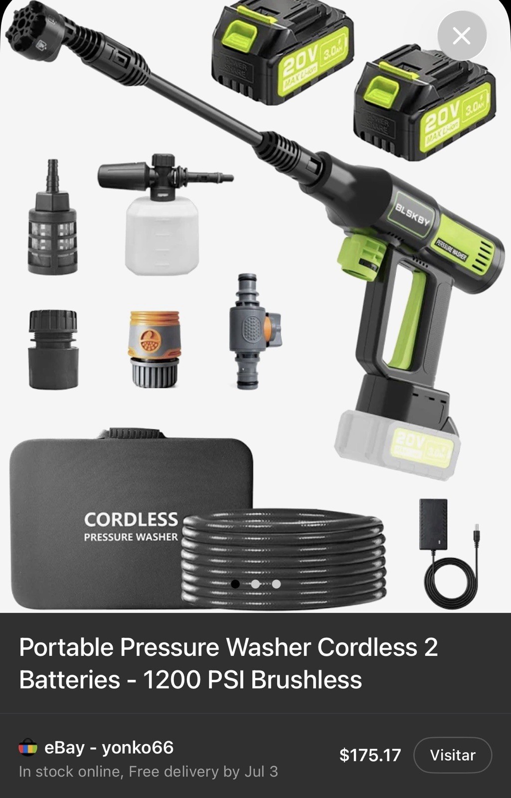BLSKBY Cordless 20V Cold Water Pressure Washer 1200 PSI w/ Case Hose