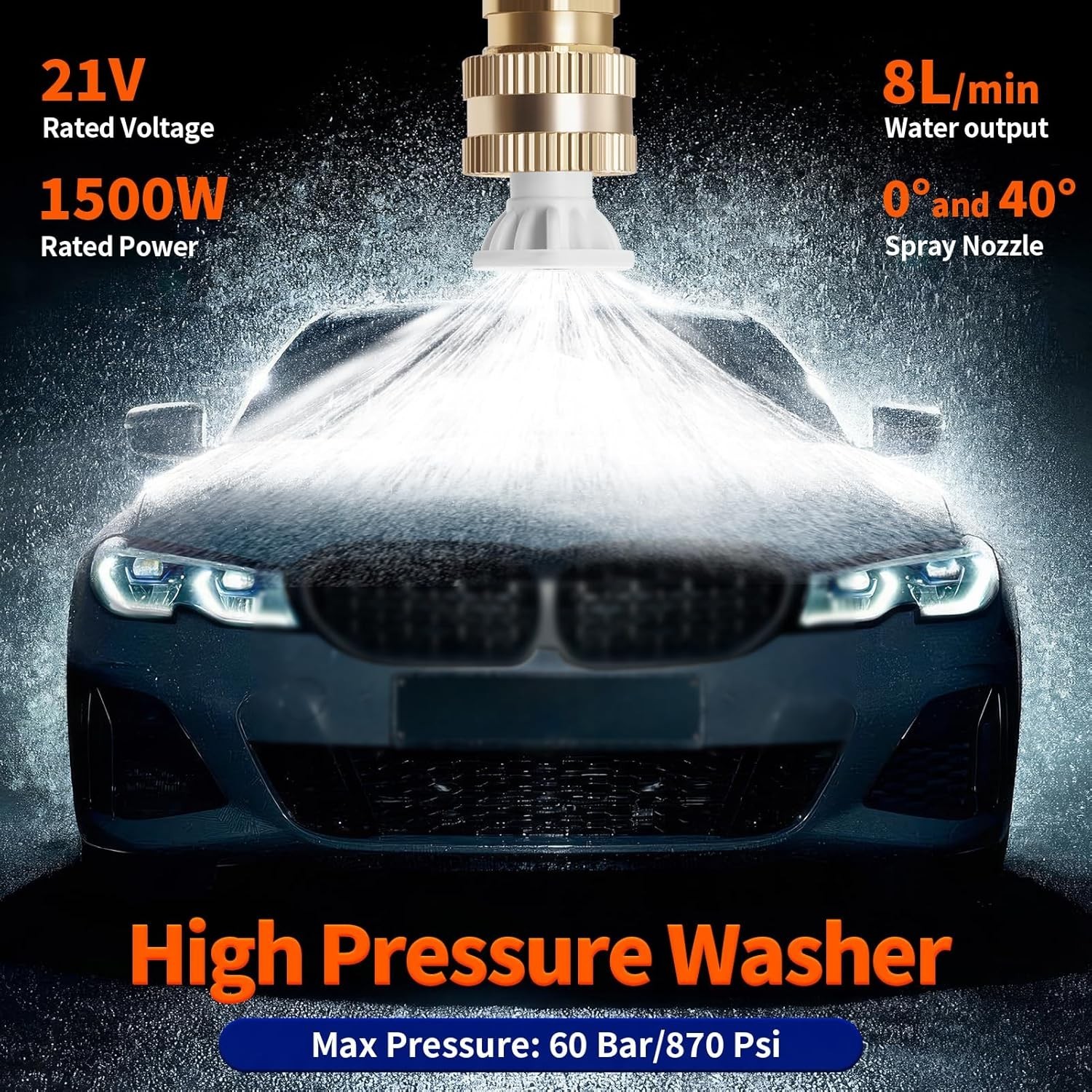 1500W Cordless Pressure Washer, Portable Battery Power Washer with Hose & Nozzle