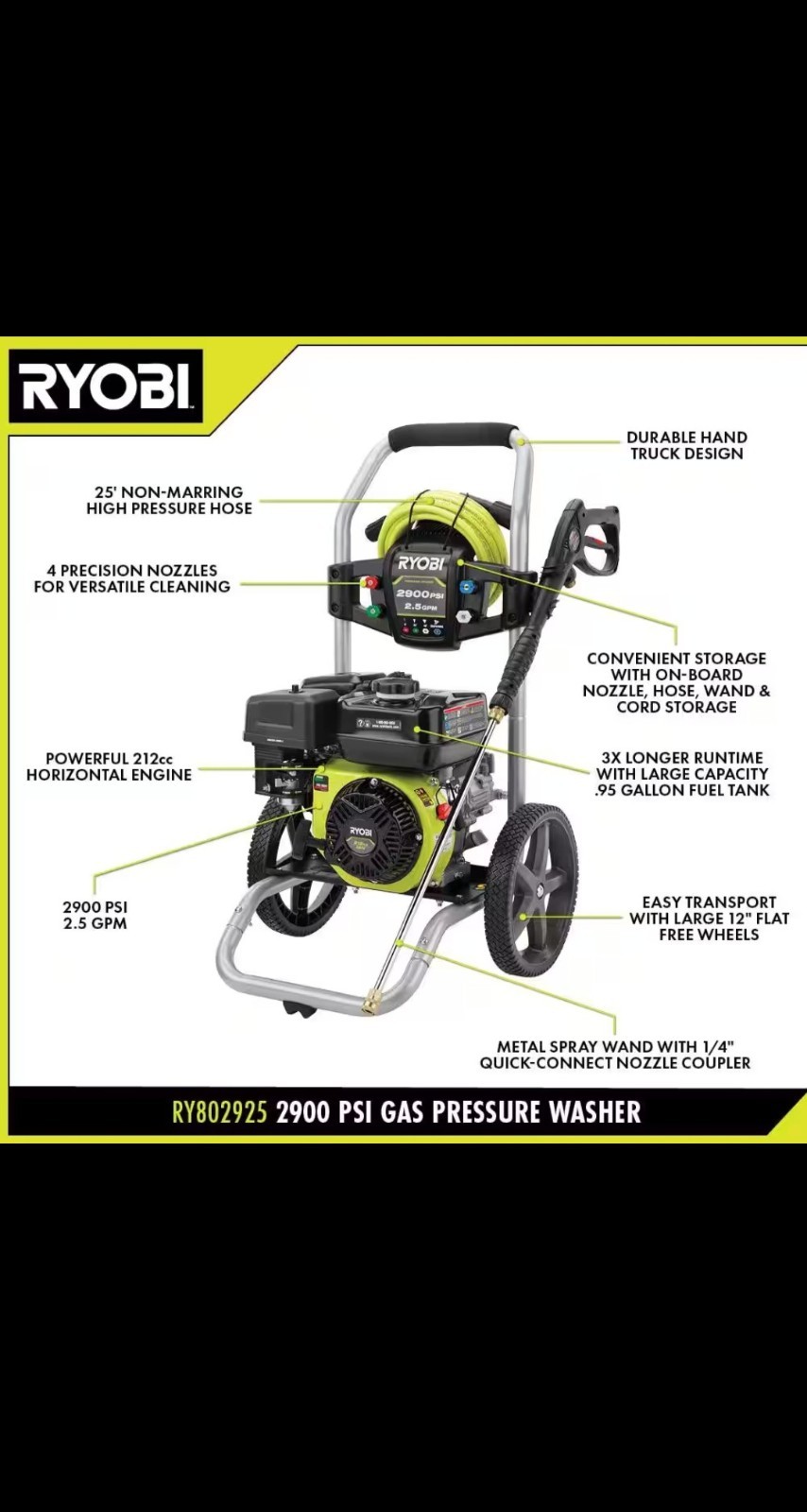 Ryobi RY802925 Pump Assembly 2.5GPM Cold Water Gas Pressure Washer, 2900PSI