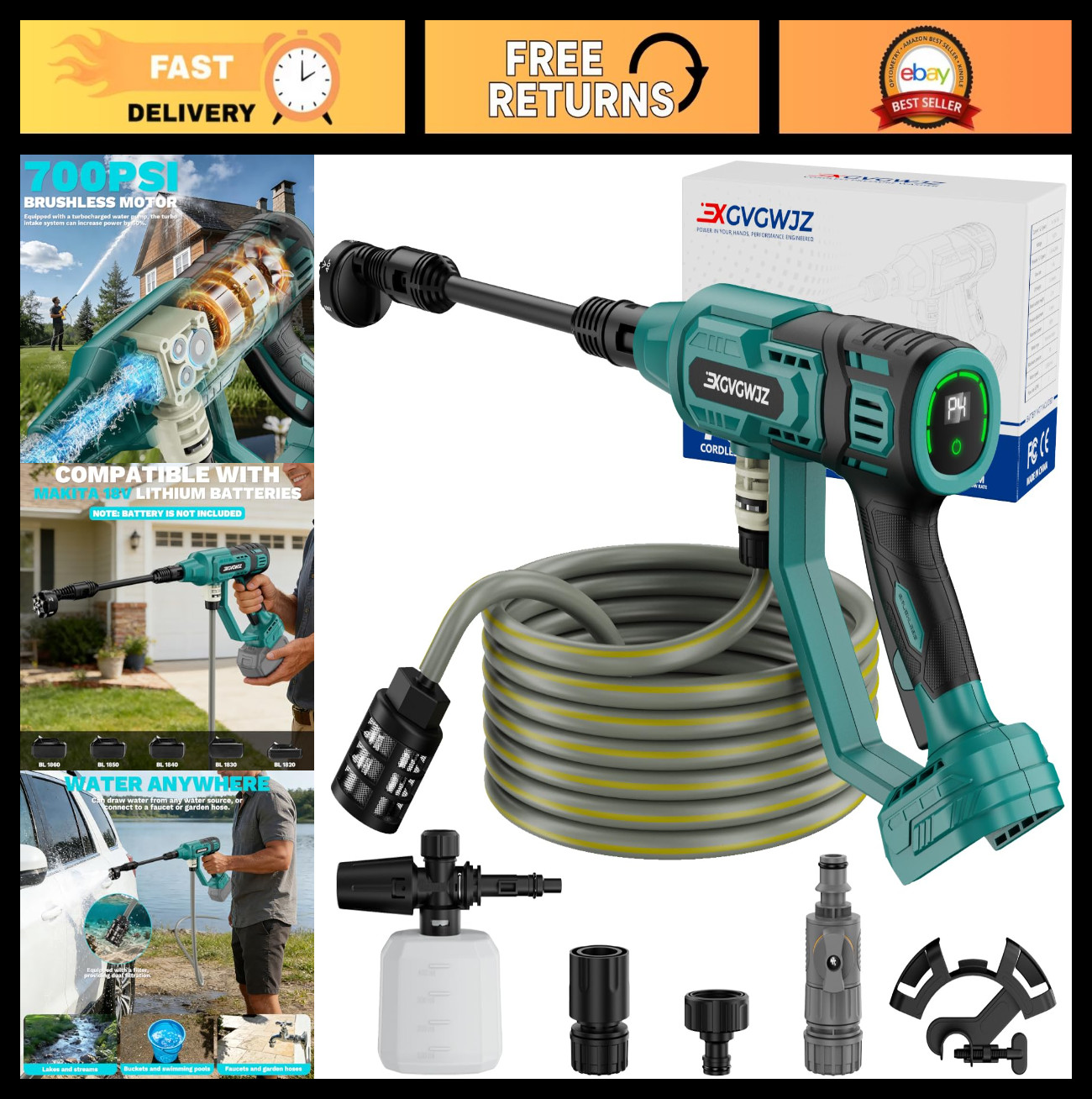 Cordless Portable Pressure Washer 700 PSI, 6-in-1 Nozzle, Adjustable Power Tool