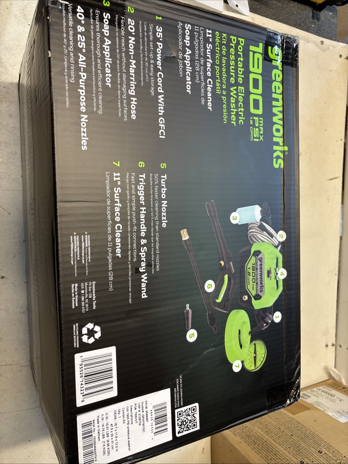 Greenworks 1900 PSI 1.2 GPM Electric Pressure Washer Kit. surface Cleaner.NB 011