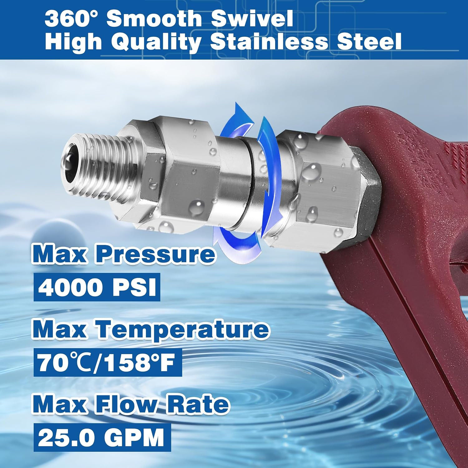 1/4” NPT Pressure Washer Swivel Fitting, 360° Kink-Free Connection | 360° Swivel