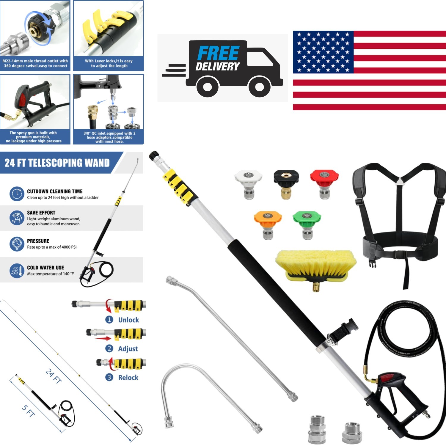 24 Feet Aluminum Pressure Washer Extension Wand with Gutter Cleaner Attachment