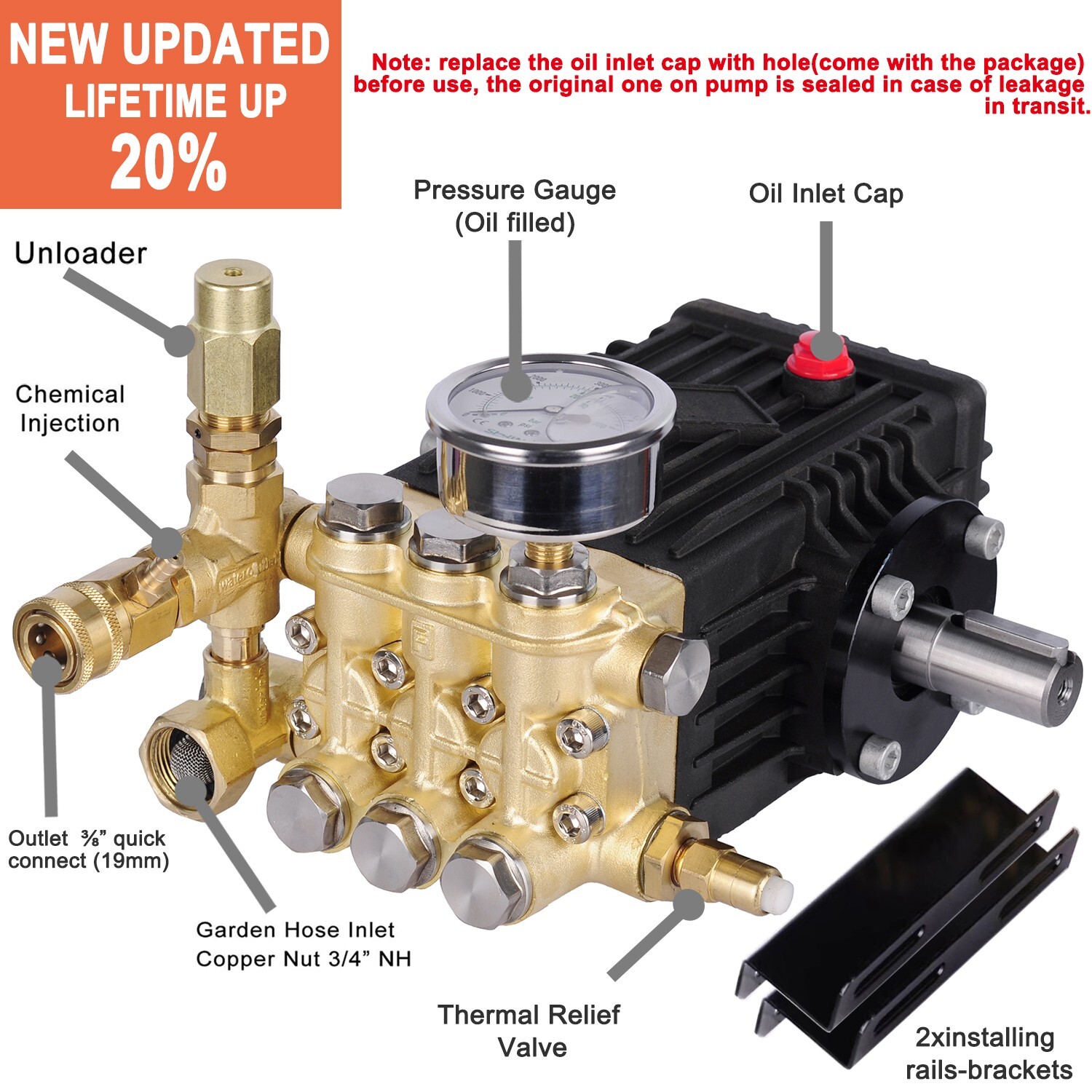 24mm Solid Shaft Pressure Power Washer Pump 3600 PSI 4.0 GPM Belt Drive w/ Gauge