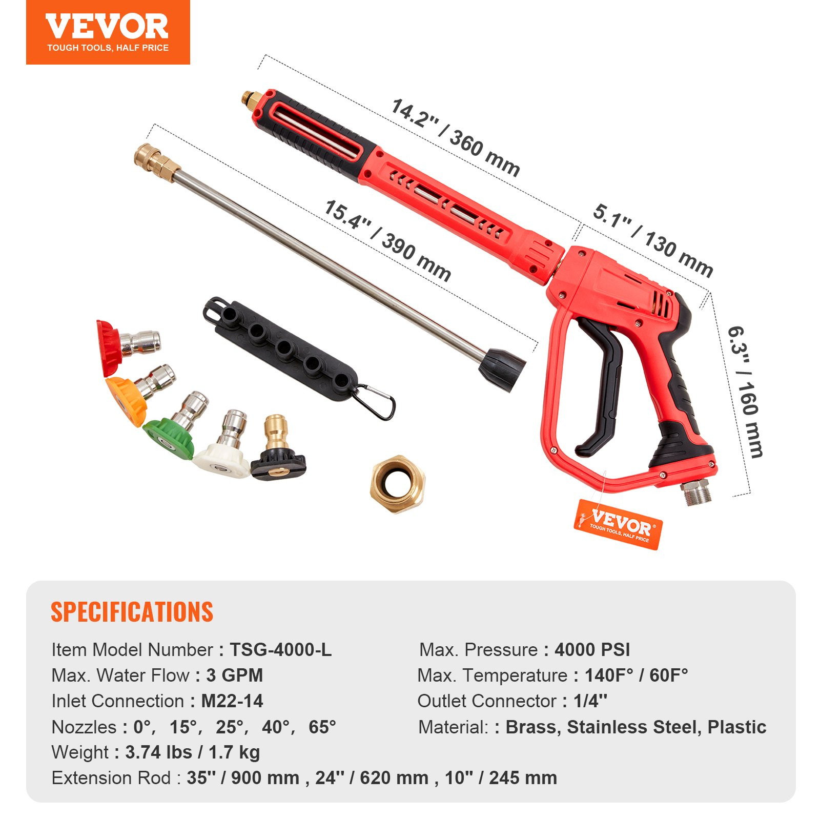 High Pressure Washer Gun, 4000 PSI, Pressure Washer Handle with 5 Nozzle Tips US