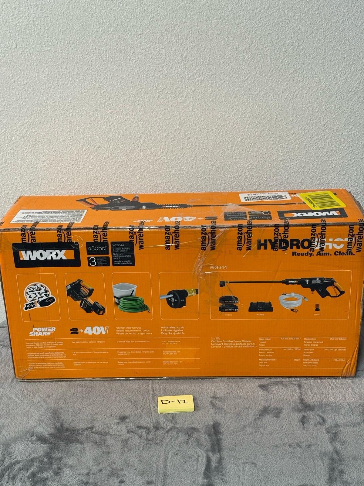 WORX HYDRO SHOT Portable Power Washer, Cleaner. 20Volt. WG629.1 With Battery.