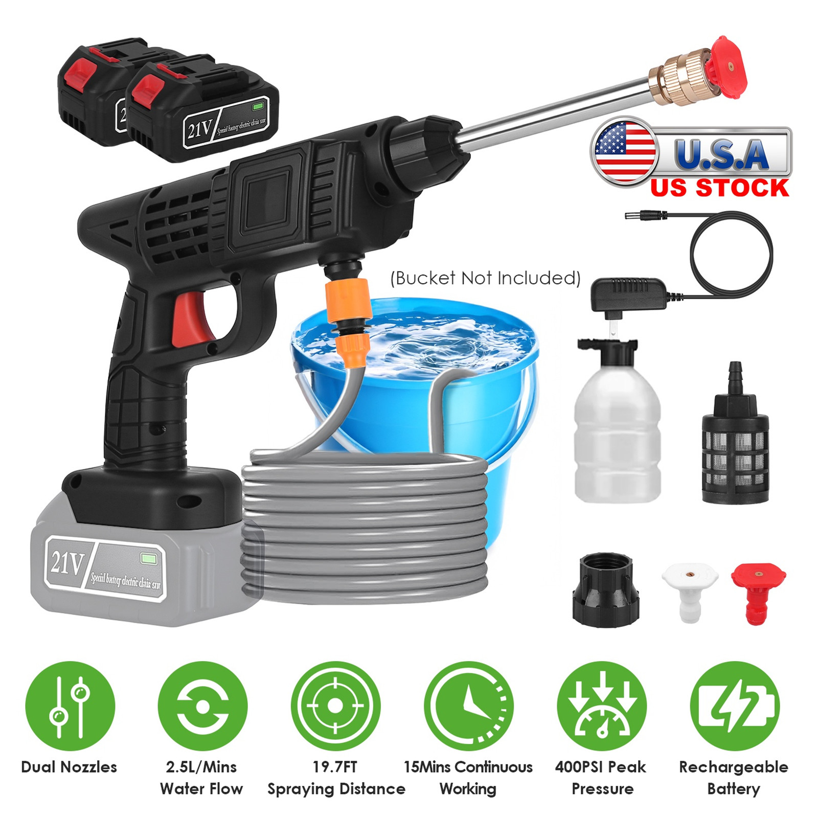 Cordless Pressure Washer Portable Electric Power Dual Nuzzal Fast Shipping