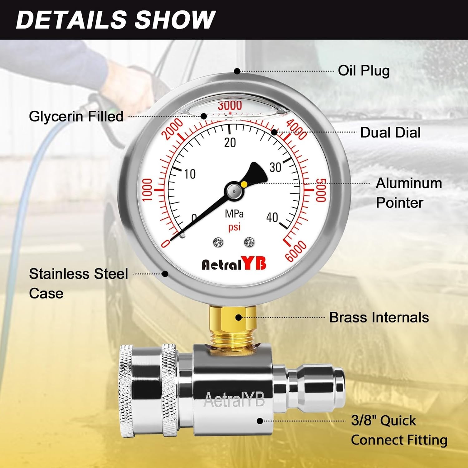 Pressure Washer Gauge, Pressure Gauge Kit, 3/8 Inch Quick Connect