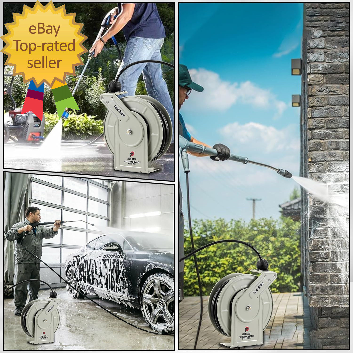Retractable Pressure Washer Hose Reel 60 FT X 1/4”, Heavy Duty Power Washer Hose