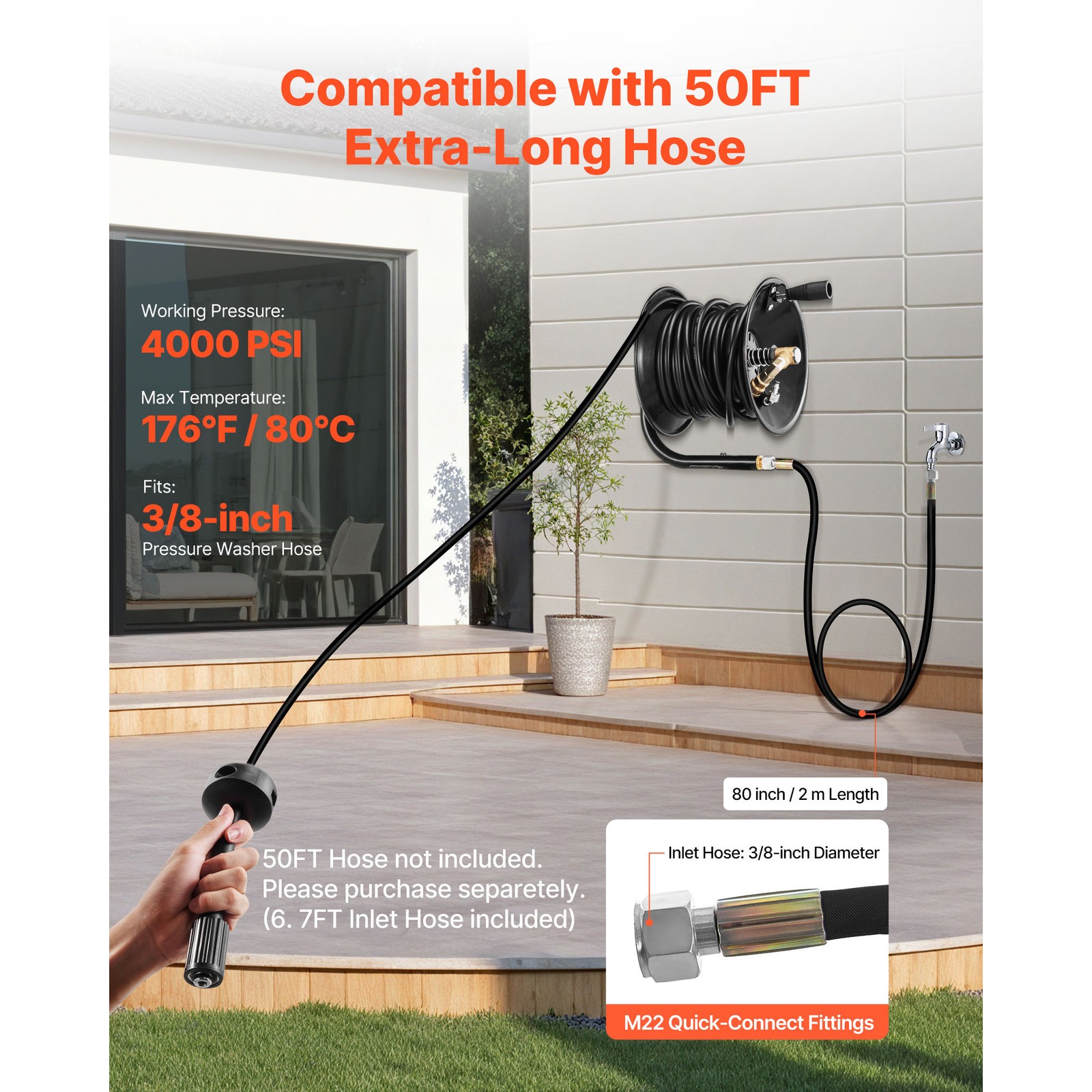 Uimoso Pressure Washer Hose Reel 50 ft x 3/8 inch Steel Mount 4000 PSI