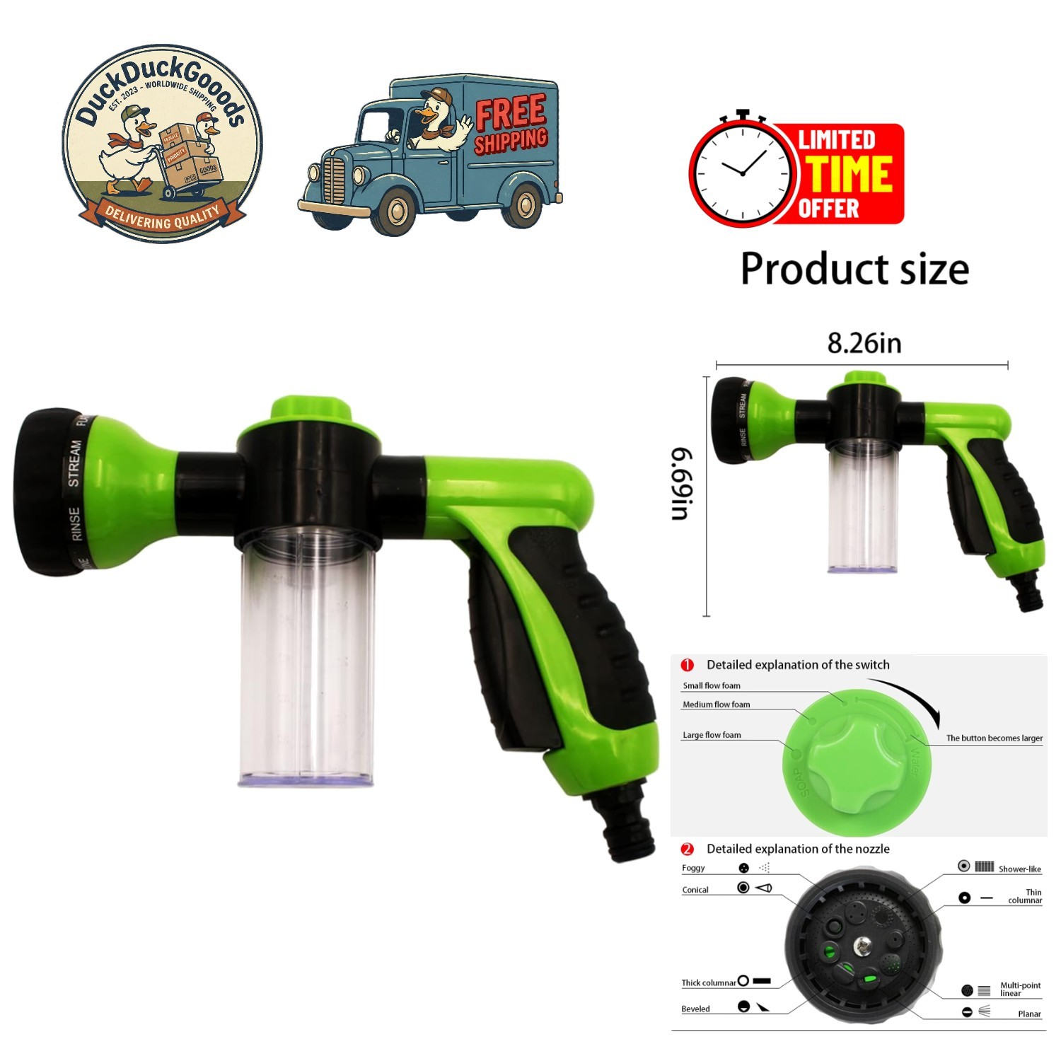 Compact High Pressure Cleaning Nozzle with 8 Customizable Patterns in Green