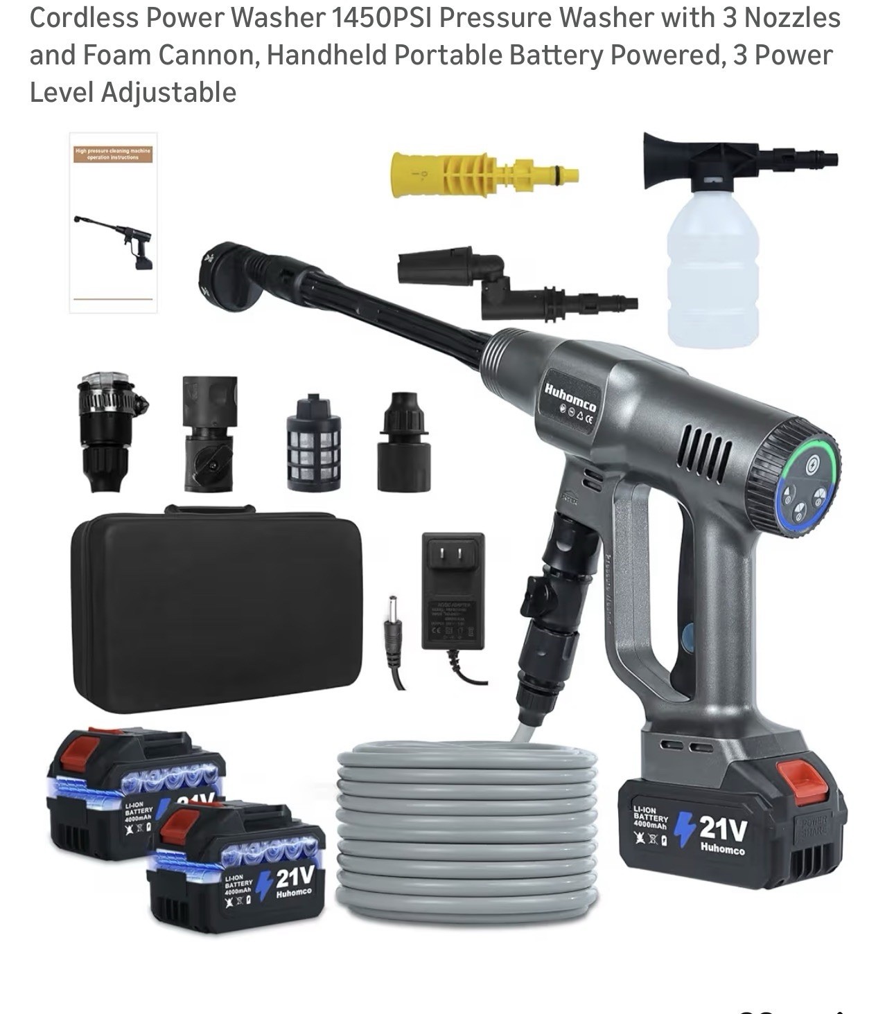 NEW! Power Pressure Washer 1450PSI w/ 3 Nozzles and Foam Cannon, Battery Powered