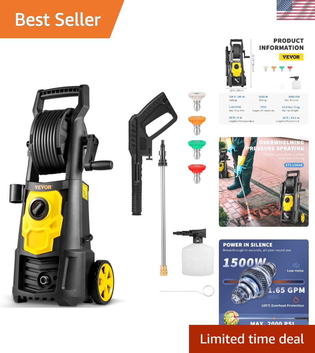 Electric Pressure Washer, 2000 PSI, Max 1.65 GPM Power Washer w/ 20 ft Hose &…
