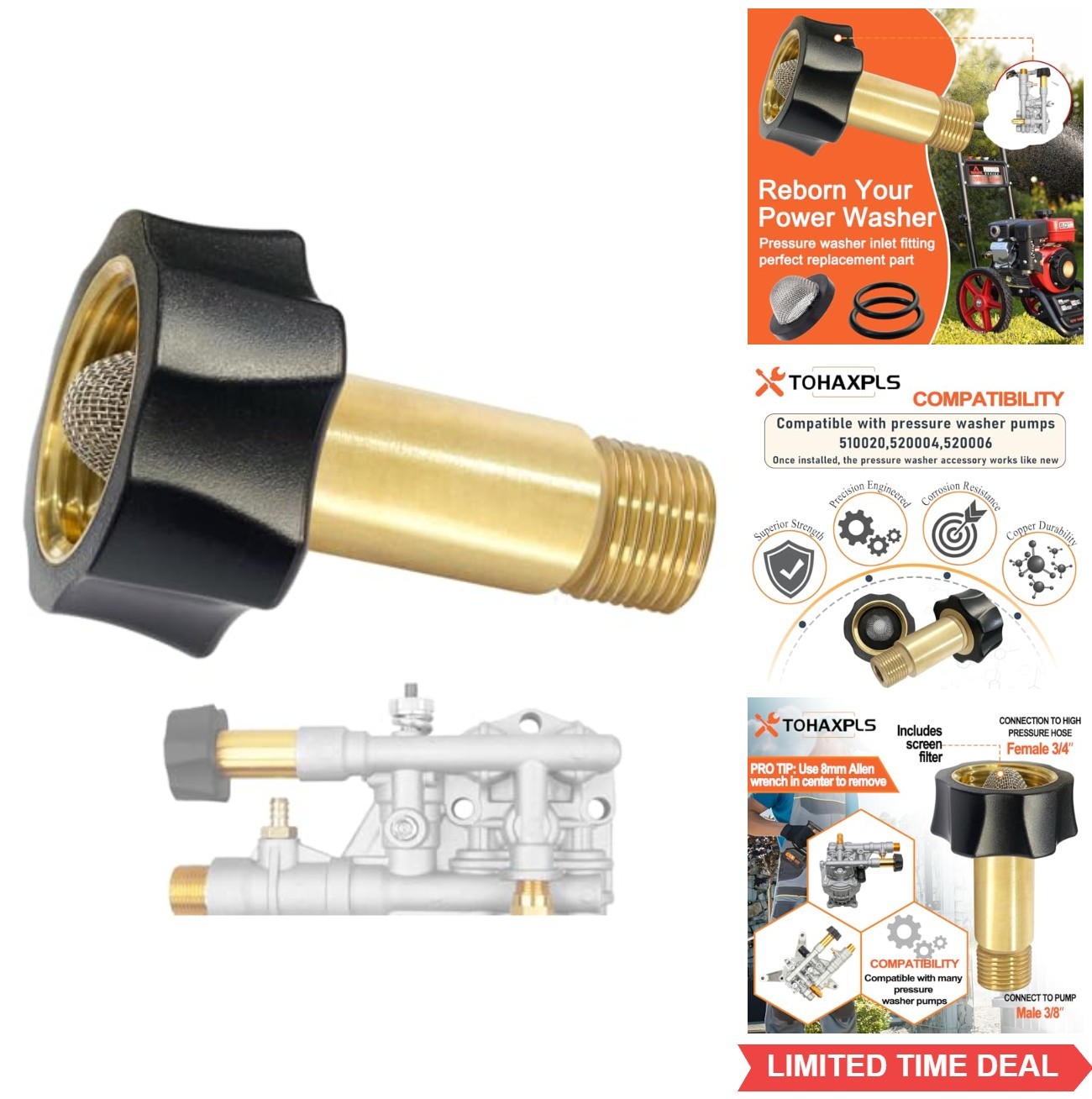 Pressure Washer Inlet Fitting Brass 3/8 Male 3/4 Female Replacement Part Pump