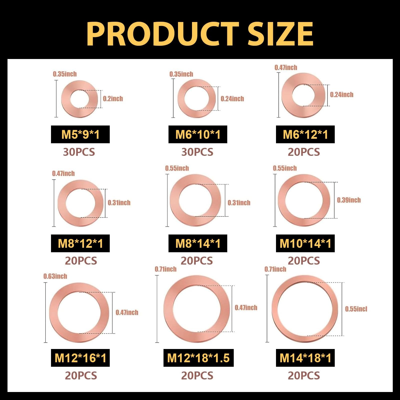 Icyfond 200 PCS Assorted Sizes Copper Washer Kit, Solid Metric Crush Washers …