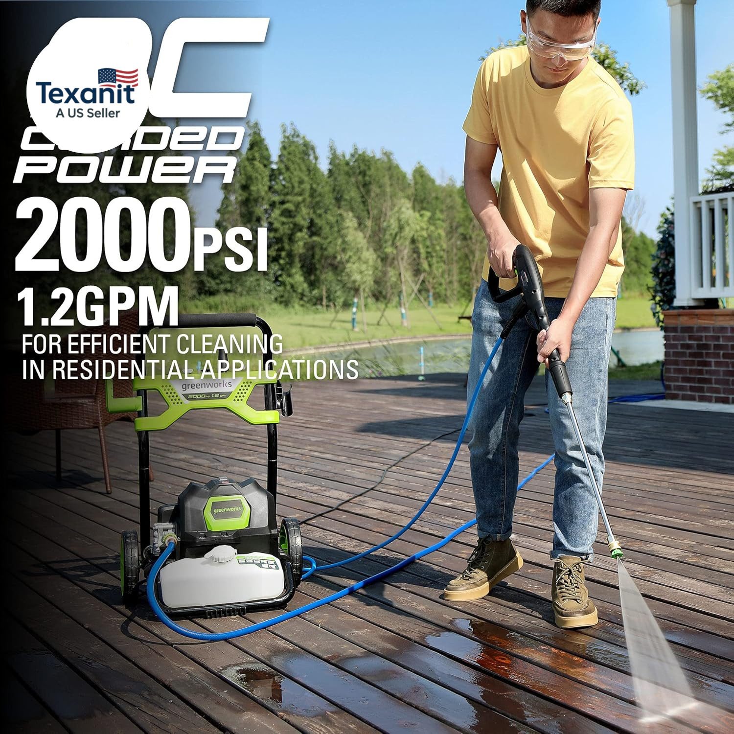 2000 PSI (1.2 GPM) Electric Pressure Washer, Steel Wand, On-Board Soap Tank (25°