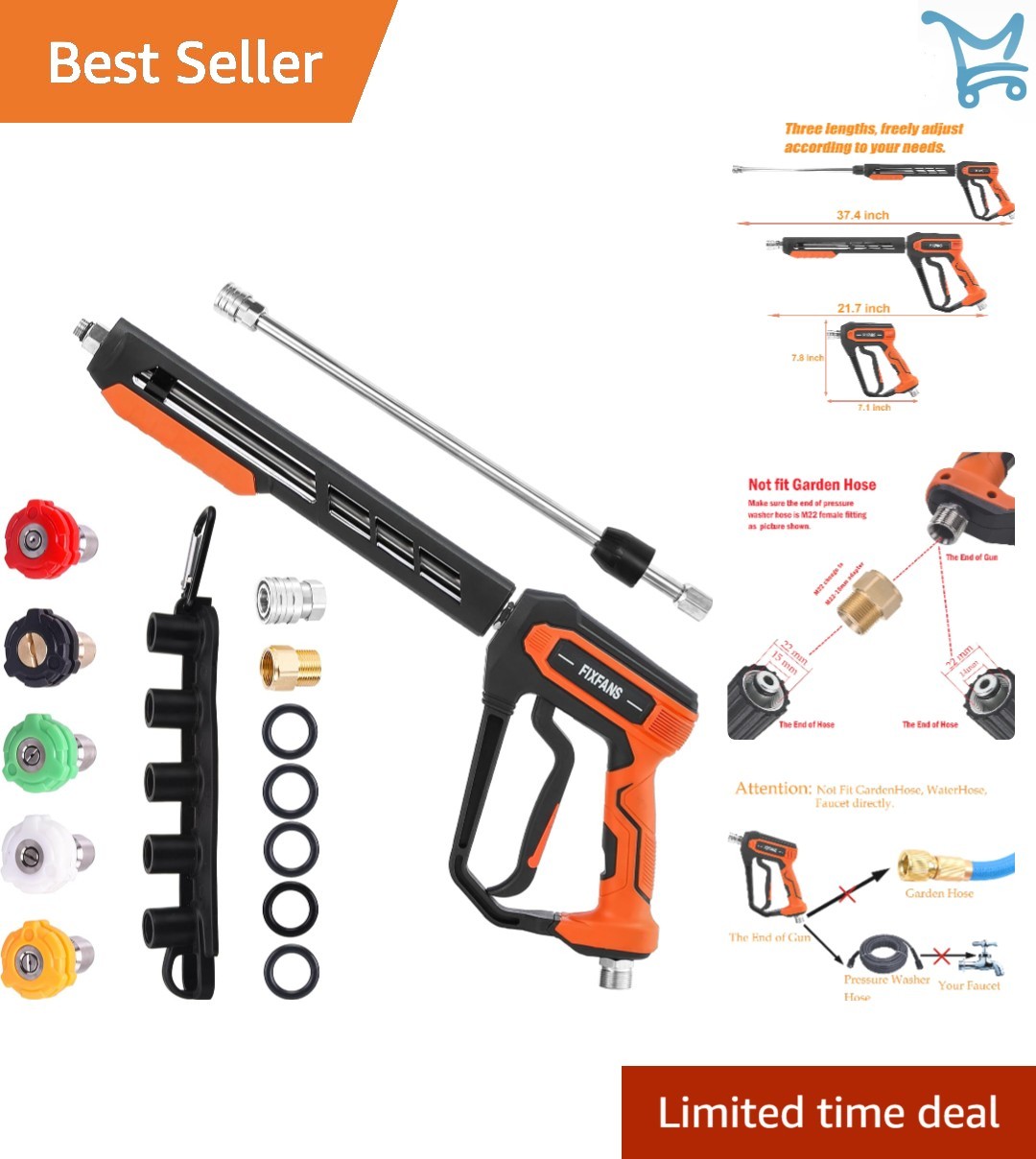 Pressure Washer Gun Kit Stainless Steel 5000PSI Nozzles Extension for Gas Ele…