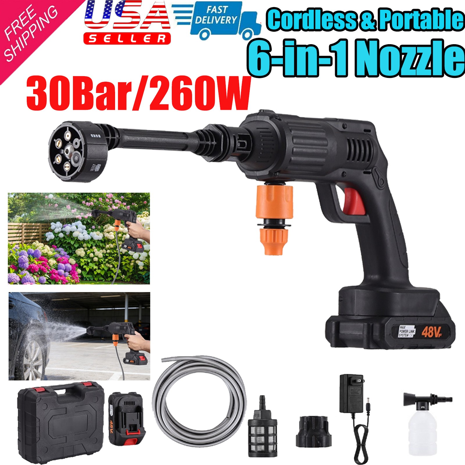 Portable Cordless Electric High Pressure Washer 30Bar Jet Wash Patio Car 6 in 1