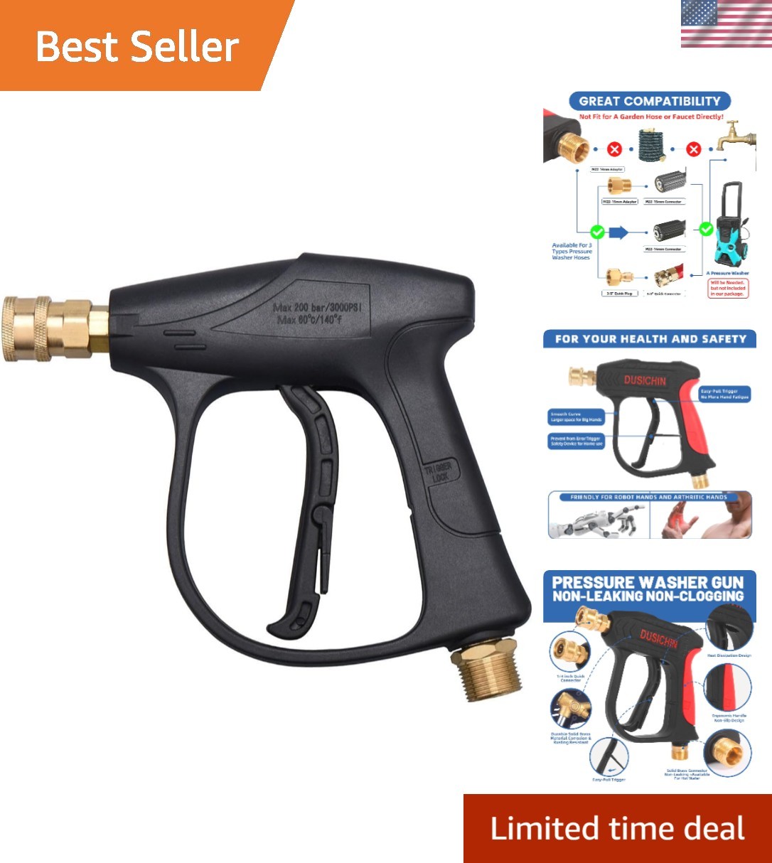 High Pressure Washer Gun 3000 PSI with Brass Fitting for Effortless Cleaning