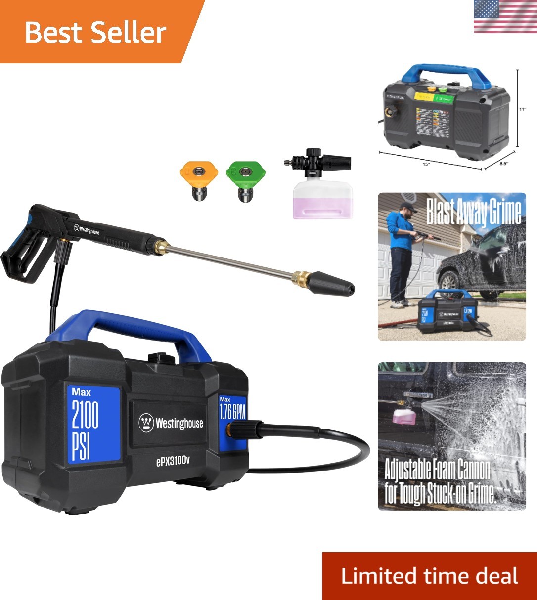 ePX3100v Handheld Electric Pressure Washer: Powerful 2100 PSI, Versatile Nozzles
