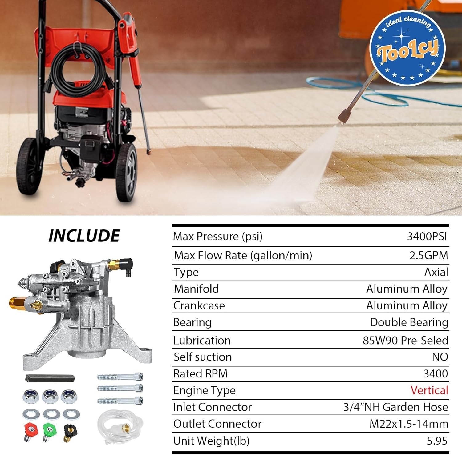 TOOLCY 3400 PSI Vertical Pressure Washer Pump 7/8″ Shaft 2.5 GPM