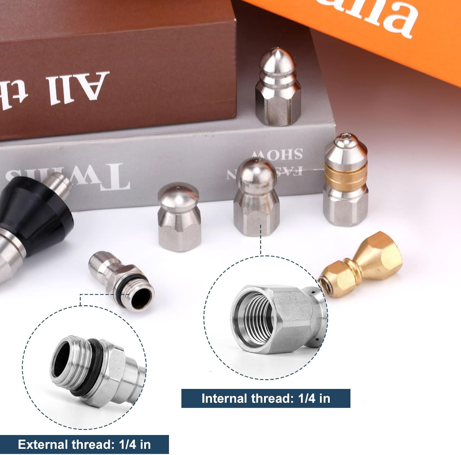 8pcs Sewer Jetter Nozzle Kit with 1/4″ NPT Quick Connectors & Tape, Stainless…