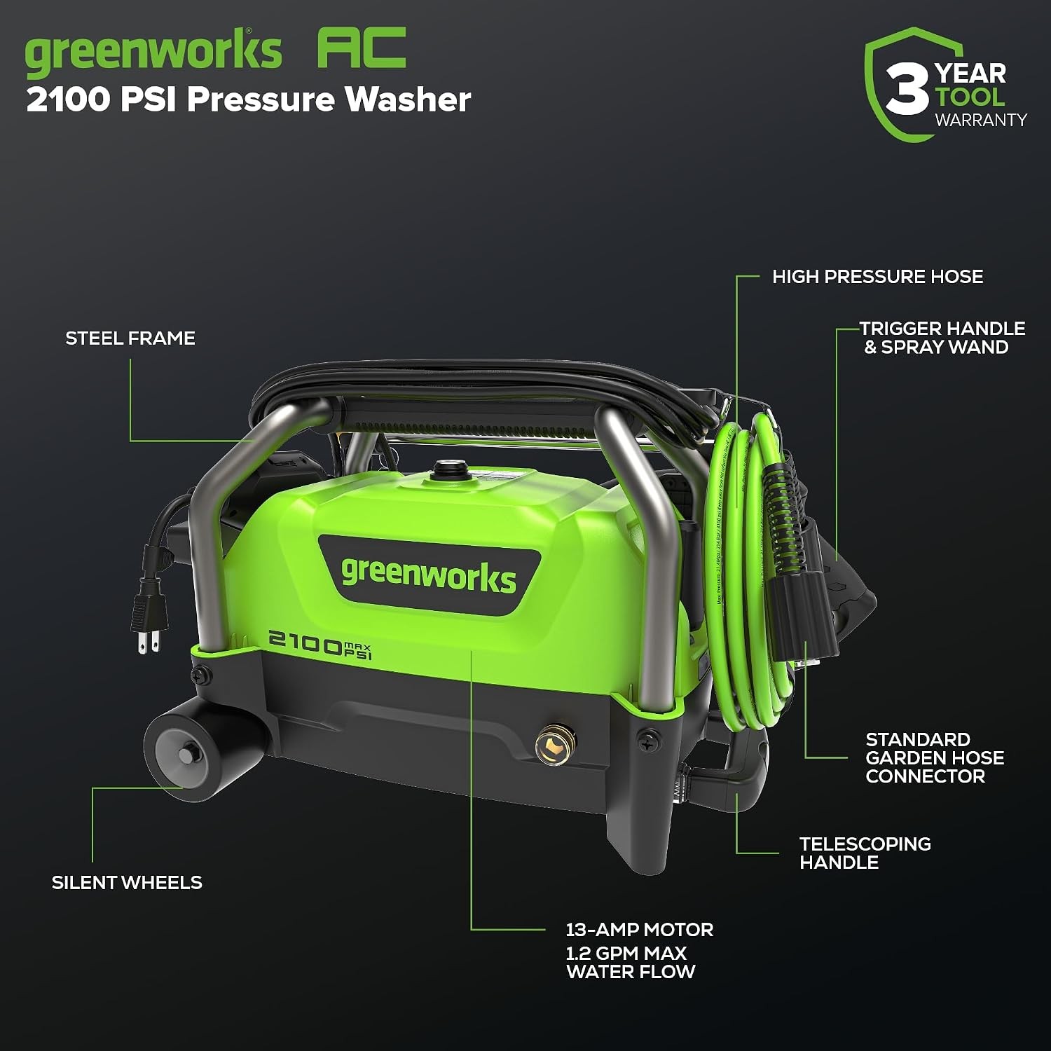 Greenworks 2100 PSI 1.2 GPM Electric Pressure Washer w/ Nozzles & Soap Applier