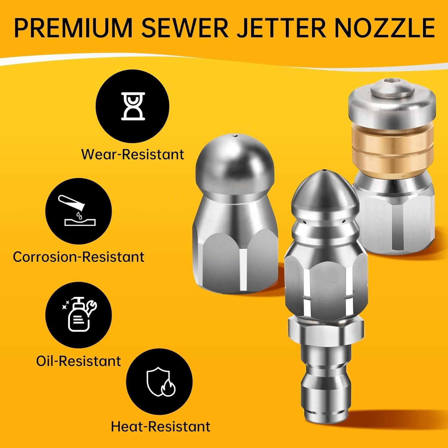 3-Pack Stainless Steel Sewer Jetter Nozzle Kit for High-Pressure Drain Cleaning