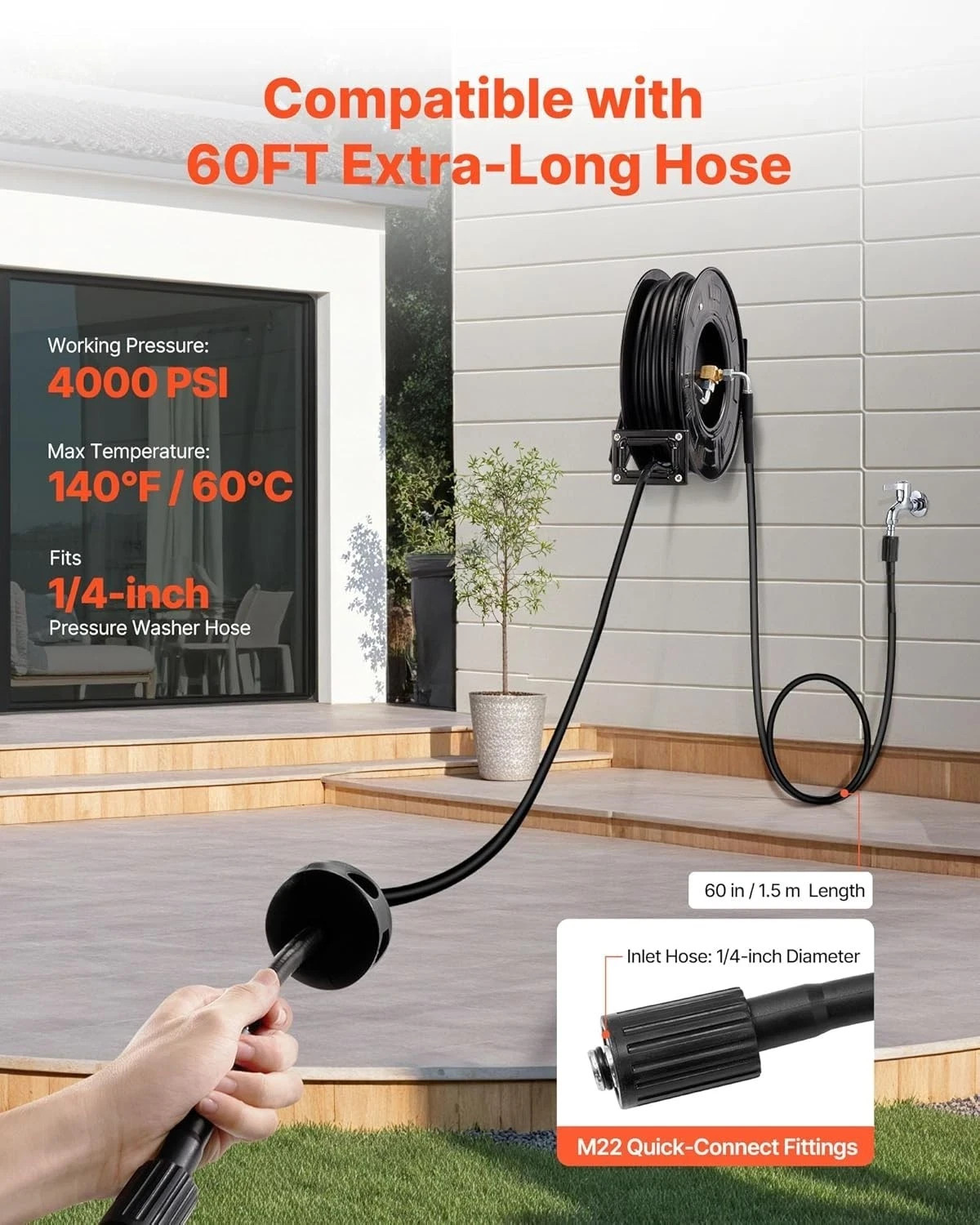 Pressure Washer Hose Reel, 60 ft x 1/4 inch Retractable Power Heavy-Duty 4000PSI