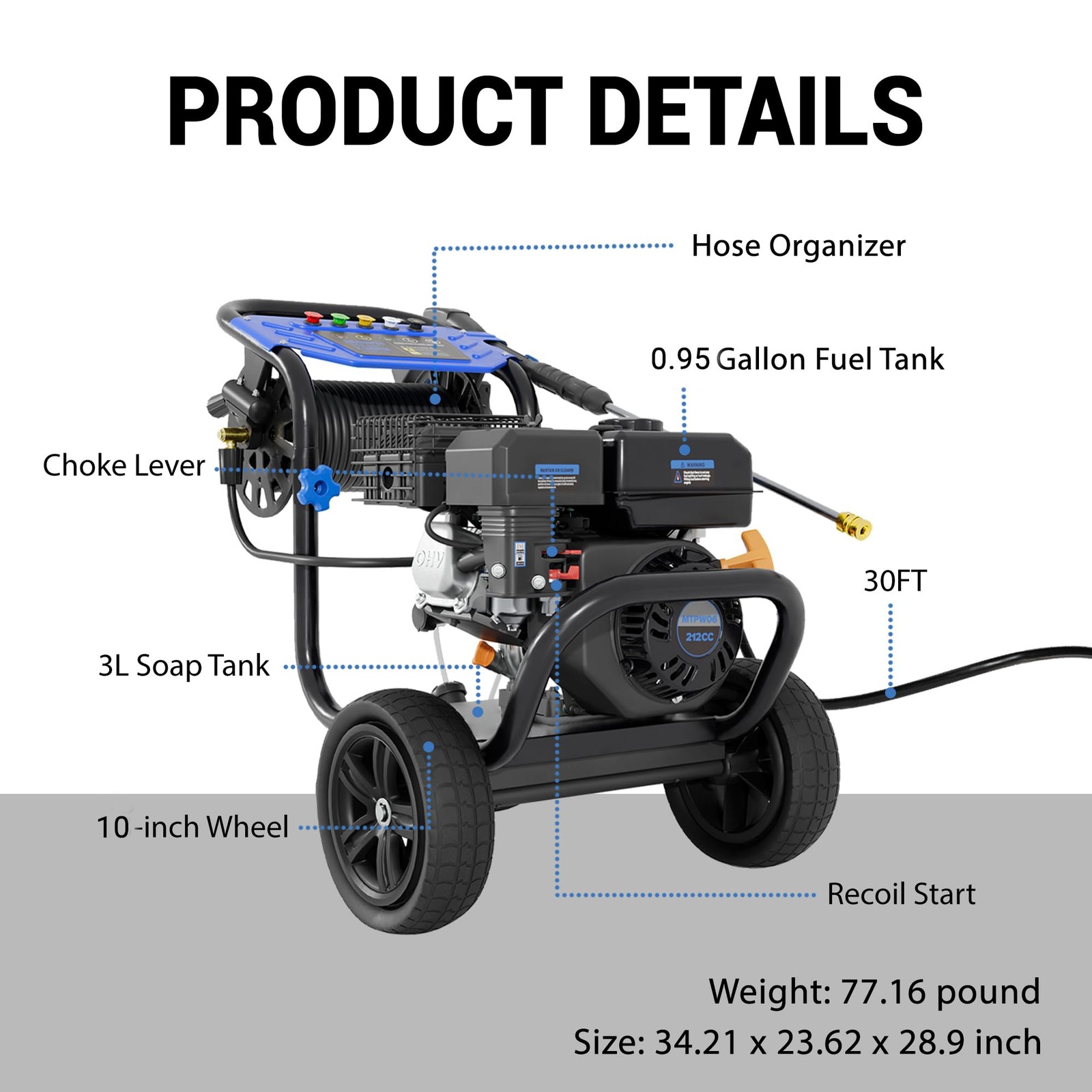 EFURDEN Gas Pressure Washer 3600 PSI 2.3 GPM with 5 Nozzle&Hose Reel&30ft Hose