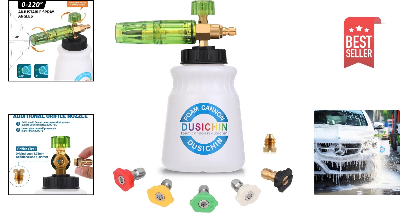 DUS-007 Adjustable Foam Cannon – 5 Nozzles, 30 oz Bottle, Quick Release Fitting