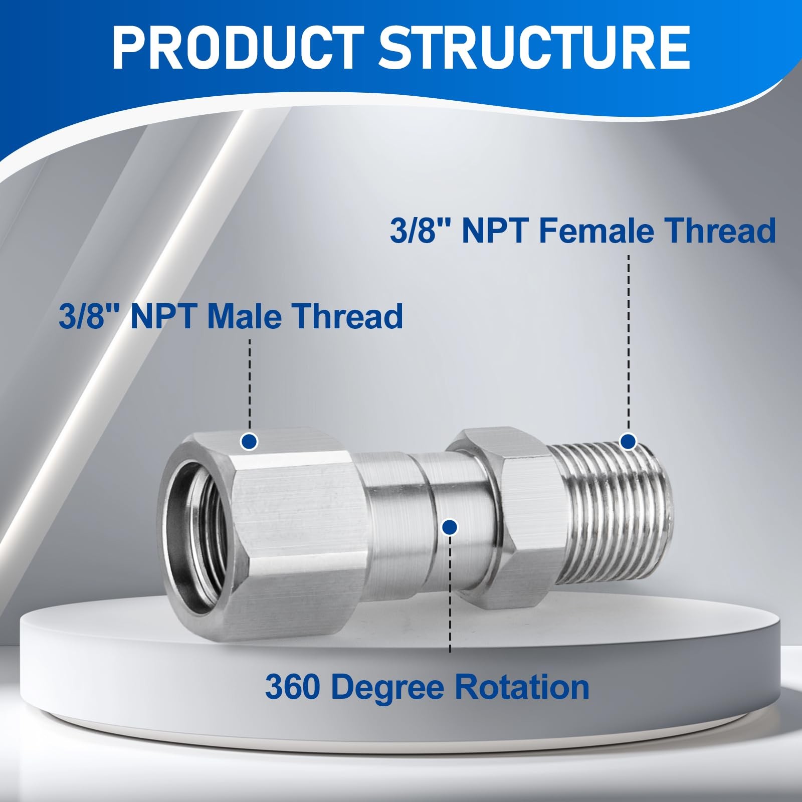5000 PSI 3/8 Inch NPT Male To Female Stainless Pressure Washer Swivel Fitting