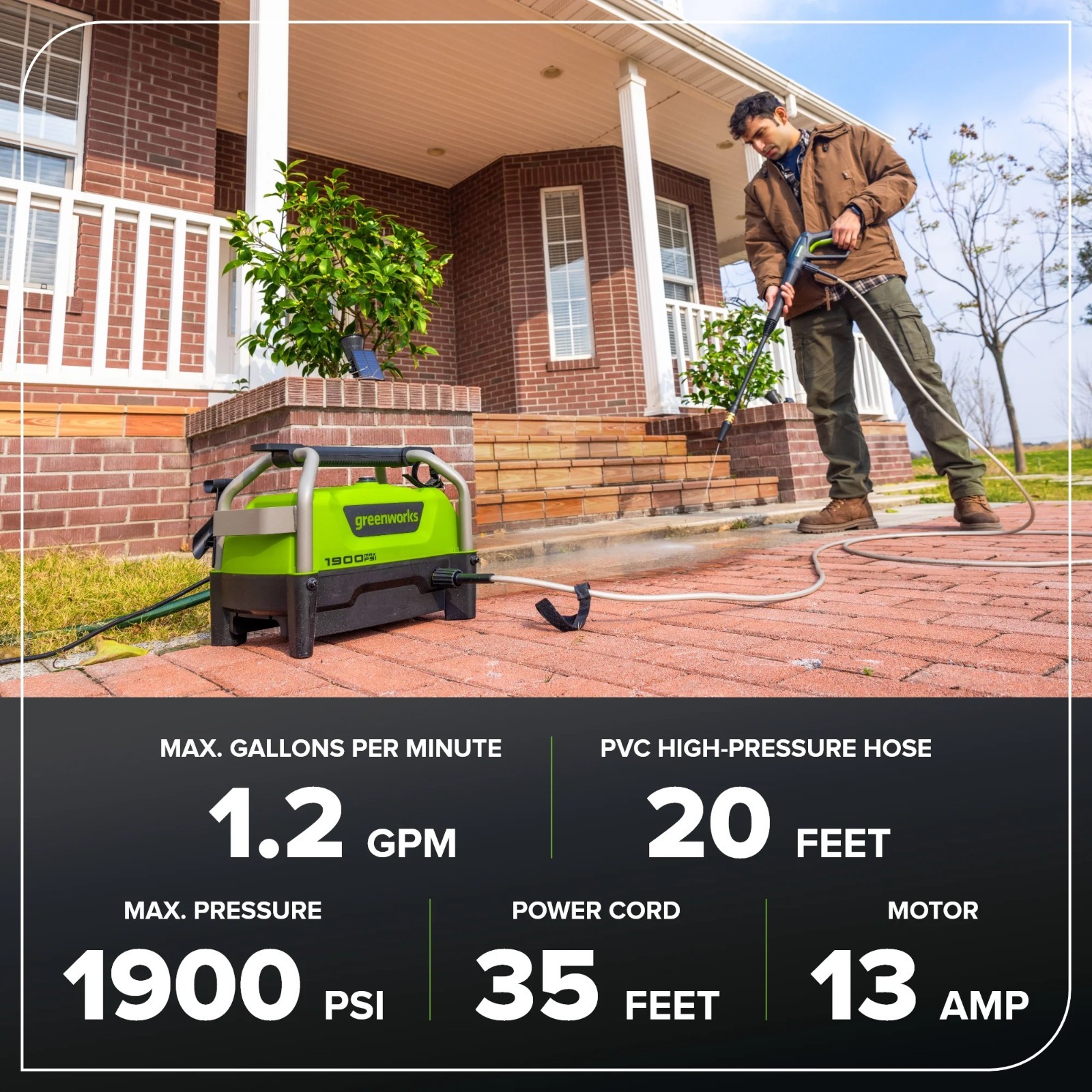 Greenworks 1900PSI 1.2GPM Portable Hand Carry Cold Water Pressure Washer